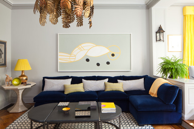 Design Of Applied Modern Design Of Living Room Applied Navy Blue Sectional Sofa And Extending Coffee Table Plus Leaf Chandelier Furniture Beautiful Blue Sectional Sofas To Making A Cozy And Comfortable Interiors
