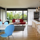 Kitchen Room Sofas Modern Kitchen Room With Red Sofas And White Table Facing Blue Chairs That Pendant Lamp Completed The Kitchen Decor Decoration Vibrant Red Sofas Inspirations To Give Your Living Room A Trendy