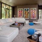 Living Room White Modern Living Room Interior Integrating White Sectional Sofas With Mirrored Coffee Tables And Blue Woven Stools Decoration Warm And Comfortable Sectional Sofas For Modern Living Room Sets