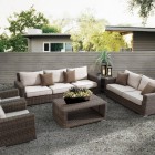 Patio Exterior With Modern Patio Exterior Design Furnished With Rattan Outdoor Sofa And Rattan Living Desk Outside House On Patterned Concrete Floor Decoration Various Outdoor Sofa Furniture For Modern Home Exteriors