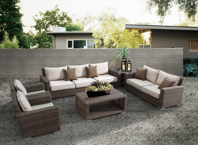 Patio Exterior With Modern Patio Exterior Design Furnished With Rattan Outdoor Sofa And Rattan Living Desk Outside House On Patterned Concrete Floor Decoration Various Outdoor Sofa Furniture For Modern Home Exteriors