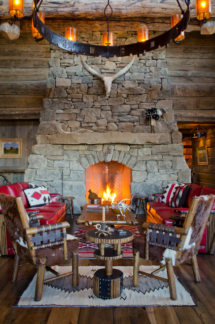 Rustic Family With Old Rustic Family Room Design With Bamboo Chairs Feat Red Sofas Beside The Fireplace Design Decoration Vibrant Red Sofas Inspirations To Give Your Living Room A Trendy