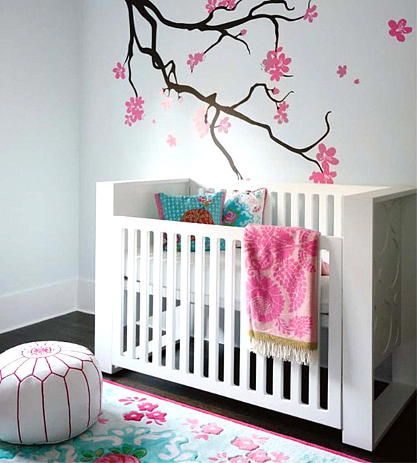 Nursery Mural With Perfect Nursery Mural Design Interior With White Crib Furniture And Floral Wallpaper Decoration Ideas For Inspiration Kids Room Colorful Baby Room With Essential Furniture And Decorations