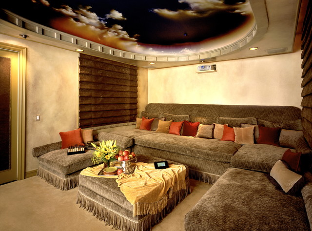 Dark Gold Installed Prestigious Dark Gold Sofa Sets Installed In Contemporary Media Room Furnished With Dark Themes False Ceiling Decoration Affordable Sectional Sofa Sets For Your Perfect Living Room