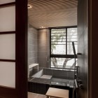 Bathroom Design Style Pretty Bathroom Design In Japanese Style Including A Dark Tile Bathtub On Brown Marble Flooring With Glass Windows On The Wall Architecture Charming Modern Japanese House With Luminous Wooden Structure