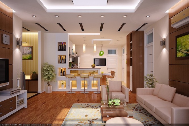 Vu Khoi And Pretty Vu Khoi Living Room And Kitchen Elegant Wood Design Interior With Modern Furniture Decoration Ideas Decoration 13 Modern Asian Living Room With Artistic Wall Art And Wooden Floor Decorations