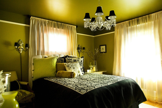 Dark Green Bedroom Refreshing Dark Green Painting For Bedroom Curtain Ideas In Eclectic Bedroom With White Transparent Drapes On Glass Windows Bedroom 20 Beautiful Bedroom Curtain Ideas For Wall Cover Of Modern Mansion