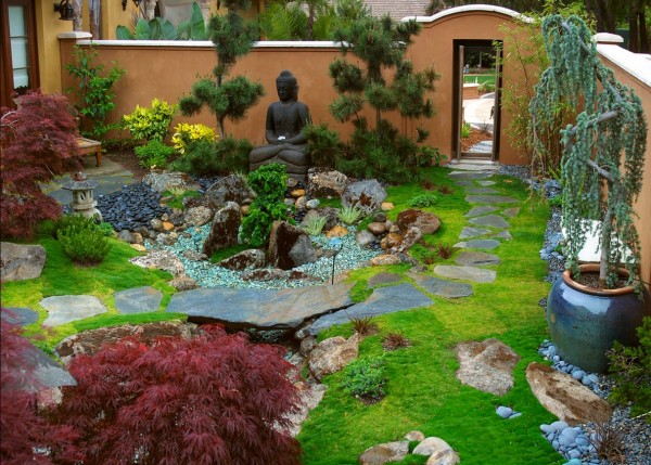 Japanese Zen Integrating Relaxing Japanese Zen Garden Style Integrating Green Turfs Custom Pathway And Dry Pond With Gravels And Statue Garden  18 Beautiful Garden Decorations To Make Green Corner Environment