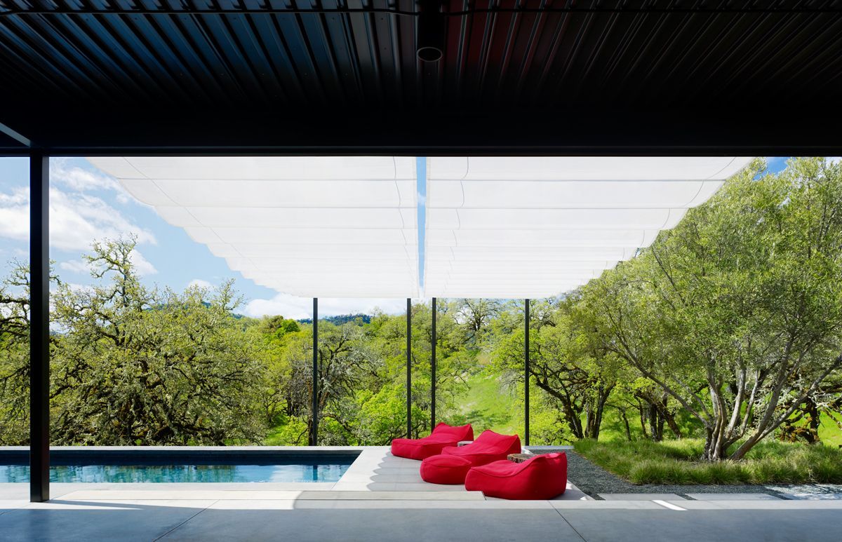 Patio Design Pool Remarkable Patio Design Near Swimming Pool Decorated With Red Outdoor Sofa Design At Burton Residence Dream Homes  Beautiful Modern Home Furnished With Bright Colorful Accents