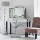 Styled Mirrored Completed Retro Styled Mirrored Dressing Table Completed With Folding Prism Mirrors And Dark Grey Acrylic Tulip Chair Idea Bedroom Outstanding Mirrored Furniture For Bedroom Decoration Ideas