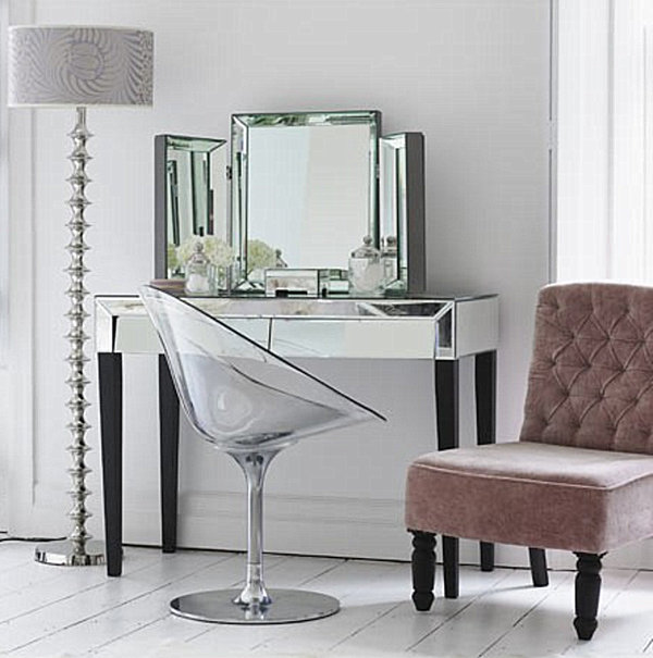 Styled Mirrored Completed Retro Styled Mirrored Dressing Table Completed With Folding Prism Mirrors And Dark Grey Acrylic Tulip Chair Idea Bedroom  Outstanding Mirrored Furniture For Bedroom Decoration Ideas