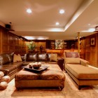 Basement Design Room Rustic Basement Design Of Family Room With Leather Sectional Sofa With Chaise And Brown Chaise Lightened By Ceiling Lamps Decoration Fascinating Sectional Sofa With Chaise For Comfortable Living Furniture