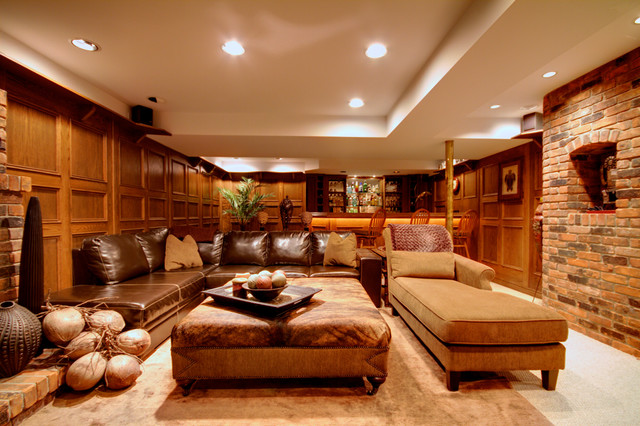 Basement Design Room Rustic Basement Design Of Family Room With Leather Sectional Sofa With Chaise And Brown Chaise Lightened By Ceiling Lamps Decoration Fascinating Sectional Sofa With Chaise For Comfortable Living Furniture