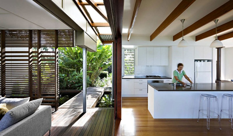 Modular Pendant Kitchen Simple Modular Pendant Light Above Kitchen Island On Wood Glossy Floor Installed In Storrs Road Residence With Wood Perforated Drapes Decoration  Amazing Floating Deck Concept For Luminous Modern House