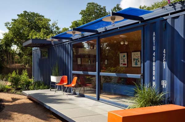 Terrace In Gray Simple Terrace In Front Yard With Gray Glossy Tiled Floor Outside Container Guest House Furnished Orange Chairs And White Table Dream Homes Stunning Shipping Container Home With Stylish Architecture Approach