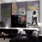 Industrial Living Applied Sleek Industrial Living Room Design Applied Black Sectional Sofa And Round Glass Coffee Table With Graffiti Wall Decal Furniture Casual Black Sectional Sofas For Every Style Of Modern Interior