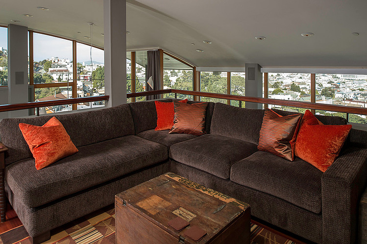 House San Fredman Small House San Francisco Susan Fredman Design Group Living Room On Upper Floor With Brown Sofa Interior Design Modern Mountain Home With Concrete Exterior And Interior Structure