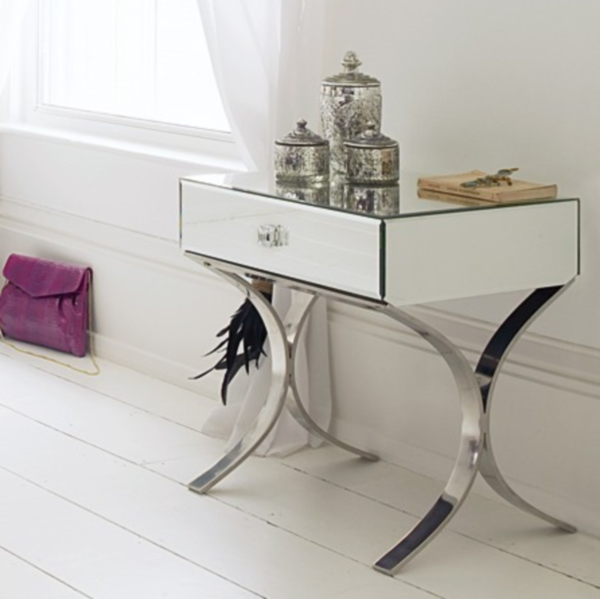Mirrored Side Designed Small Mirrored Side Table Idea Designed With Curved Legs And Drawer As Storage Feature And Spacious Surface Bedroom Outstanding Mirrored Furniture For Bedroom Decoration Ideas