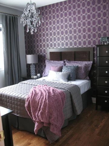 Purple Bedroom Fresh Soft Purple Bedroom Design With Fresh Grey Bed And Elegance Purple Pillows Also Beautifully Dark Brown Modern Drawer Near Solid Purple Wall Decor Also Unique Crystal Chandelier Accent Bedroom  26 Bewitching Purple Bedroom Design For Comfort Decoration Ideas