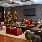 Wall Tv Sectional Sophisticated Wall TV Setup Dark Sectional Sofa Dark Stools Sleek Wood Floor Compact Square Stools Designer Christmas Tree Ornaments Decoration Beautiful Christmas Tree Ornaments The Holy Greenery And Stunning Elements