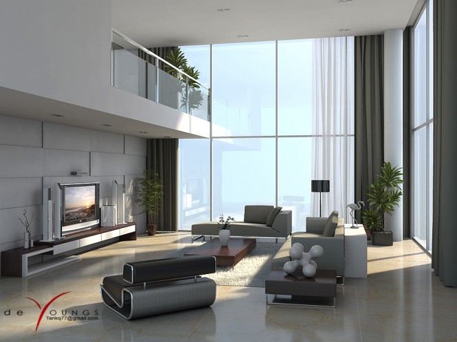 Living Room Tankq77 Stunning Living Room Design Of TANKQ77 Including Grey And White Lounge Sofas In Mezzanine Home Decoration Also Bay Windows On The White Wall Decoration Luxurious Modern Furniture For Stylish Bachelor Pad