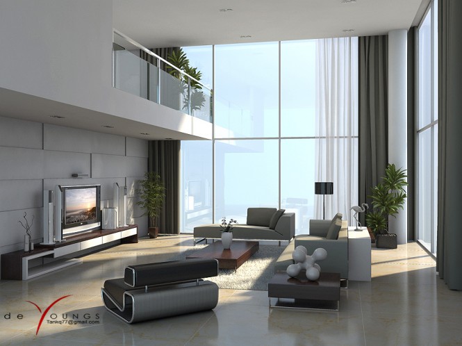 Living Room Tankq77 Stunning Living Room Design Of TANKQ77 Including Grey And White Lounge Sofas In Mezzanine Home Decoration Also Bay Windows On The White Wall Apartments Luxurious Modern Furniture For Stylish Bachelor Pad