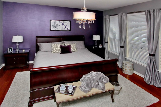 Purple Bedroom Traditional Stunning Purple Bedroom Ideas In Luminous Traditional Bedroom With Grey Bed Linen Several Grey Pillows And Dark Purple Colored Wall Bedroom  26 Bewitching Purple Bedroom Design For Comfort Decoration Ideas