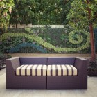 Rattan Outdoor Contemporary Stunning Rattan Outdoor Sofa In Contemporary Patio Exterior Design Installed On Wooden Striped Floor And Striped Bedding Chair Decoration Various Outdoor Sofa Furniture For Modern Home Exteriors