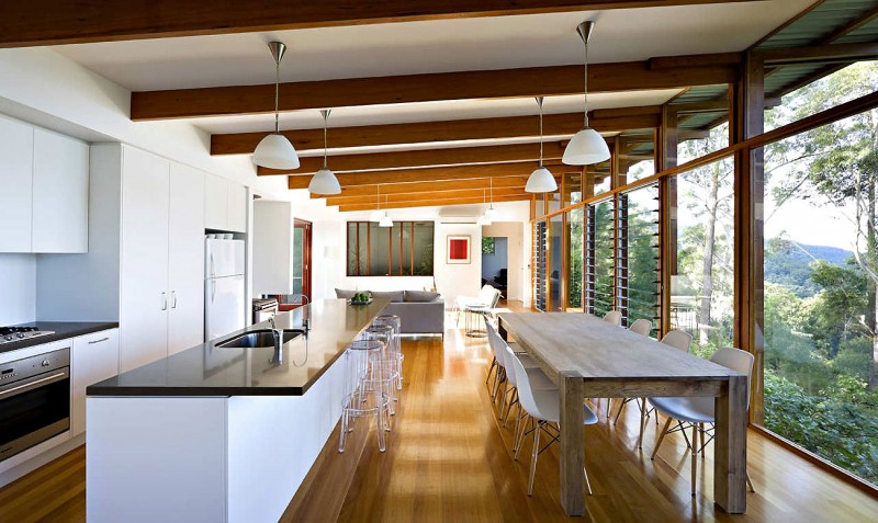 White Pendant Island Stunning White Pendant Above Kitchen Island And Wooden Dining Table Completed White Chairs Inside Storrs Road Residence Decoration  Amazing Floating Deck Concept For Luminous Modern House