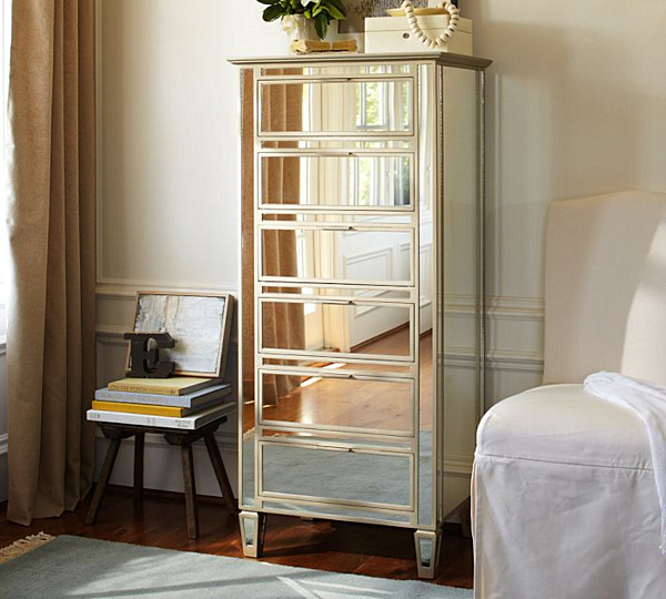 Tall Pottery Dresser Stylish Tall Pottery Barn Mirrored Dresser Placed Between White Skirted Chair And Wooden Stool With Book Stack Bedroom Outstanding Mirrored Furniture For Bedroom Decoration Ideas