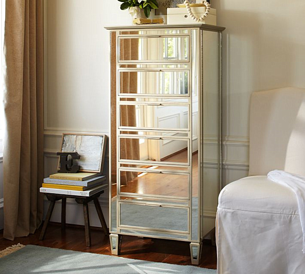 Tall Pottery Dresser Stylish Tall Pottery Barn Mirrored Dresser Placed Between White Skirted Chair And Wooden Stool With Book Stack Bedroom  Outstanding Mirrored Furniture For Bedroom Decoration Ideas