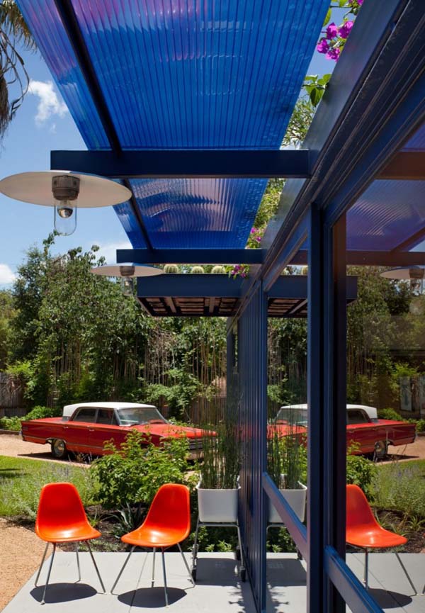 Pendant Light Striped Surprising Pendant Light On Blue Striped Ceiling Above Terrace In Front Yard Of Container Guest House On Gray Tiled Floor Dream Homes  Stunning Shipping Container Home With Stylish Architecture Approach