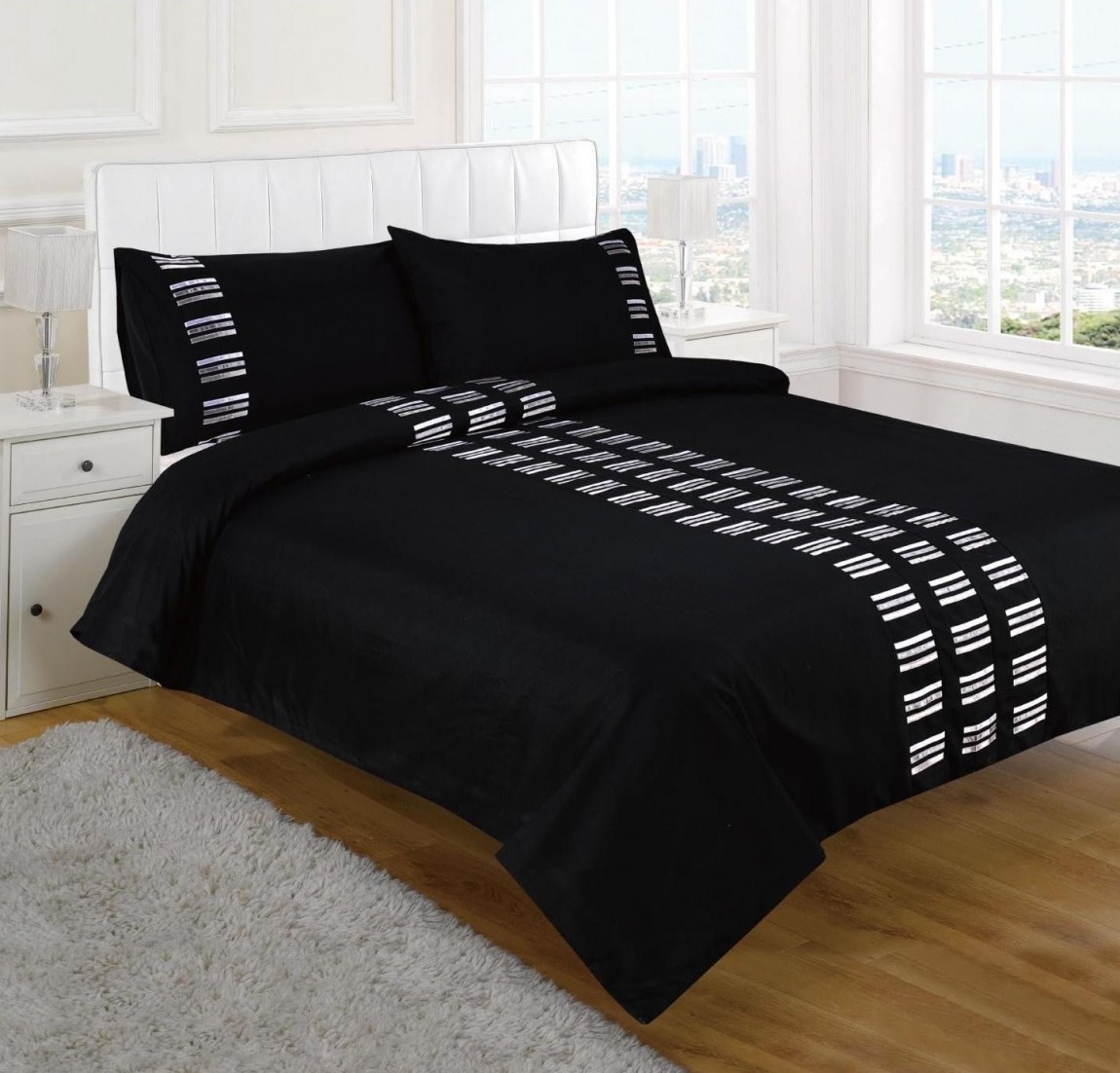 Black And Covers Terrific Black And White Duvet Covers In Renzo Cushion Cover Black Installed With White Nightstand And White Table Lamp On Wooden Floor Dream Homes  Cozy Black And White Duvet Covers Collection For Comfortable Bedrooms