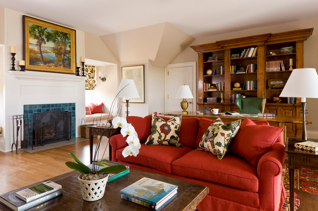 Blue Tiled White Terrific Blue Tiled Fireplace On White Wall Near Red Sofa And Wooden Desk With White Potted Plants In Traditional Home Office Decoration  20 Vibrant And Bright Red Sofas For Chic Living Room With Personality