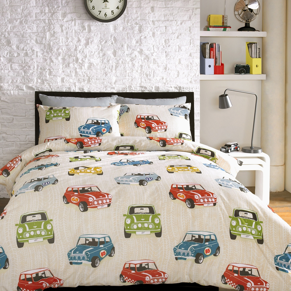 Cars Patterned Sets Terrific Cars Patterned Duvet Cover Sets Installed In Contemporary Bedroom With White Bricks Patterned Wall And Wall Clock Bedroom Exquisite Duvet Cover Sets For Sophisticated Contemporary Bedrooms