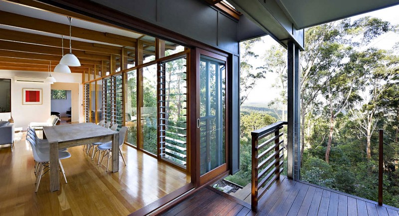 Dining Room Table Terrific Dining Room With Wood Table And White Chairs Installed On Wood Glossy Floor Inside Storrs Road Residence With Pendant Decoration Amazing Floating Deck Concept For Luminous Modern House