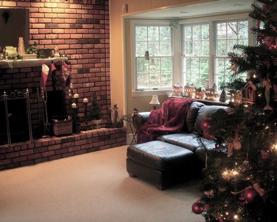 Family Room Designer Traditional Family Room With Glaring Designer Christmas Tree Ornaments Rough Brick Wall French Window Dark Leather Sofa Decoration  Beautiful Christmas Tree Ornaments The Holy Greenery And Stunning Elements