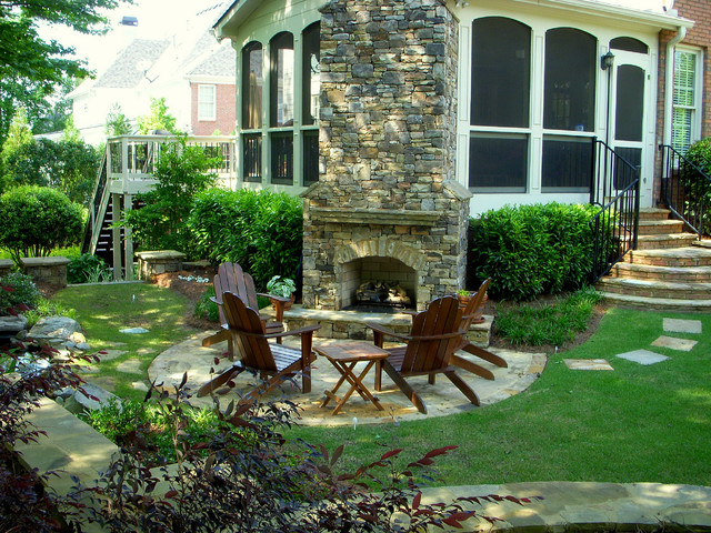 Landscape View Fireplace Traditional Landscape View By Outdoor Fireplace Designs With Wooden Table And Chairs Also That Planters Gave Green Area Apartments Classic Outdoor Fireplace Designs For Impressive Exterior Decoration