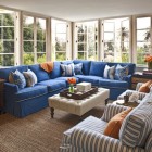 Living Room Blue Traditional Living Room Design Applied Blue Sectional Sofa And Tufted Coffee Table And Striped Armchairs Design Furniture Beautiful Blue Sectional Sofas To Making A Cozy And Comfortable Interiors