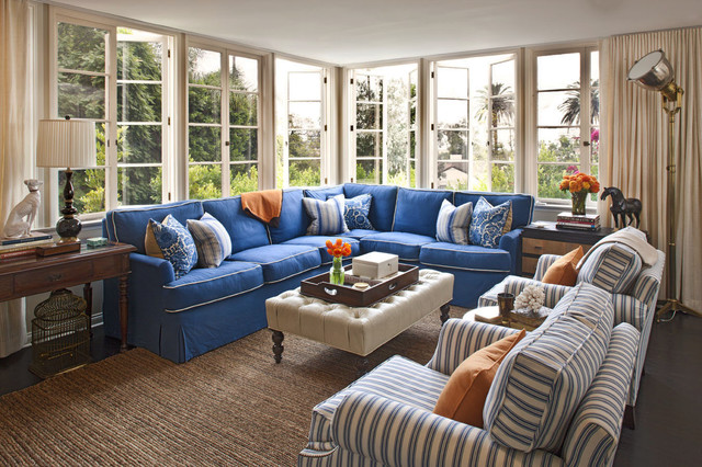 Living Room Blue Traditional Living Room Design Applied Blue Sectional Sofa And Tufted Coffee Table And Striped Armchairs Design Furniture Beautiful Blue Sectional Sofas To Making A Cozy And Comfortable Interiors