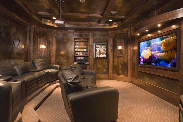 Media Room Black Traditional Media Room Design With Black Sectional Sofa And Wooden Lacquered Wall Also Mounted Wall Monitor Interior Design Casual Black Sectional Sofas For Every Style Of Modern Interior