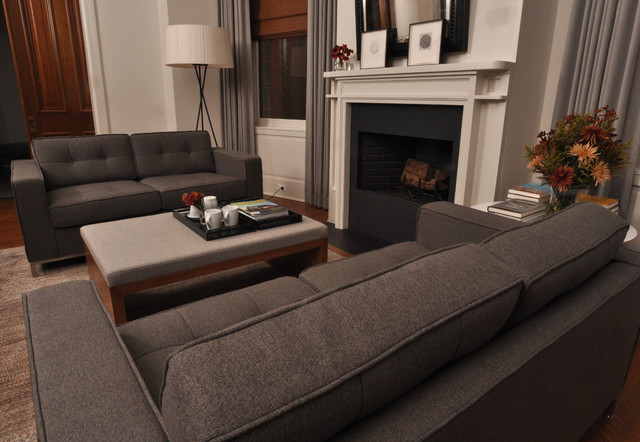 Dark Grey Coupled Transitional Dark Grey Colored Sofas Coupled With Cream Ottoman Set As Coffee Table Warmed Up By Fireplace Decoration Bright And Cheerful Home Decorating With Beautiful Sofa Furniture