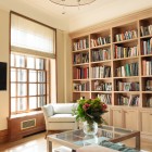 Family Room Build Transitional Family Room Installed With Build Your Own Bookcases Design And White Chairs Involved Wood Glass Coffee Table Furniture Creative Bookcases Arrangements For Making The Small Home Library