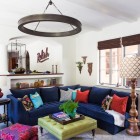 Living Room Chandelier Transitional Living Room With Round Chandelier And Blue Blue Sectional Sofa Also Multicolored Pillows With Green Table Furniture Beautiful Blue Sectional Sofas To Making A Cozy And Comfortable Interiors (+13 New Images)