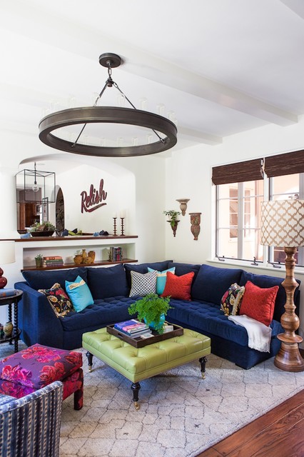 Living Room Chandelier Transitional Living Room With Round Chandelier And Blue Blue Sectional Sofa Also Multicolored Pillows With Green Table Bedroom Beautiful Blue Sectional Sofas To Making A Cozy And Comfortable Interiors
