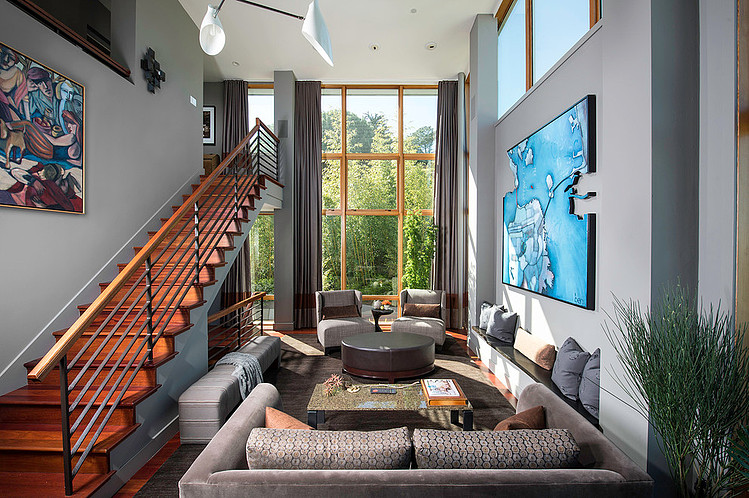 House San Fredman Trendy House San Francisco Susan Fredman Design Group Living Room Displaying Staircase And Lounge Office & Workspace Modern Mountain Home With Concrete Exterior And Interior Structure