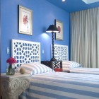 Blue Bedroom Bed Tropical Blue Bedroom Ideas Artful Bed Headboard Striped Bed Cover Artistic Gypsum Bedside Tables Dark Table Lamp Bedroom 20 Stunning Blue Bedroom Ideas With Vintage Cover Decorations
