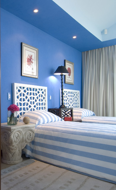 Blue Bedroom Bed Tropical Blue Bedroom Ideas Artful Bed Headboard Striped Bed Cover Artistic Gypsum Bedside Tables Dark Table Lamp Lighting 20 Stunning Blue Bedroom Ideas With Vintage Cover Decorations