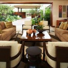 Living Room Wooden Tropical Living Room Furnished Double Wooden Arm Chairs With Small Nightstand And Dark Cream Sofa Sets Decoration Affordable Sectional Sofa Sets For Your Perfect Living Room