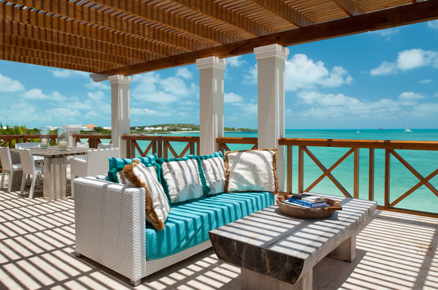 Patio Exterior Turquoise Tropical Patio Exterior Design Furnished Turquoise White Outdoor Sofa With Wooden Living Table Outside House With Pergola Decoration  Various Outdoor Sofa Furniture For Modern Home Exteriors